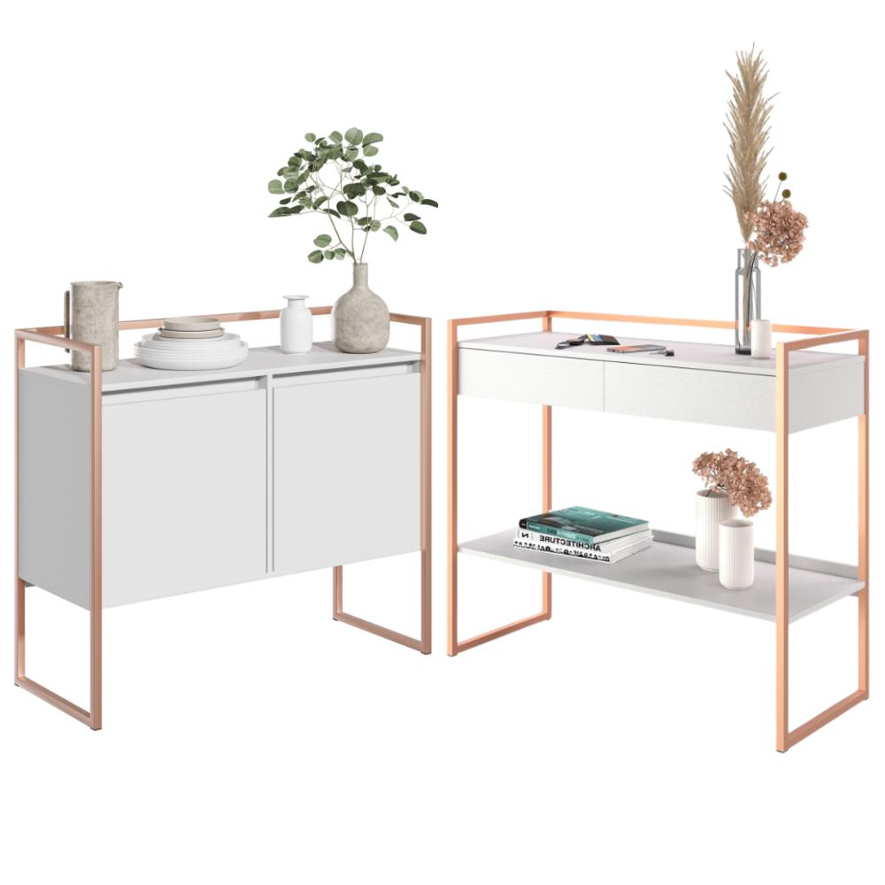 Conjunto Buffet Compacto e Aparador Industrial Branco Cobre