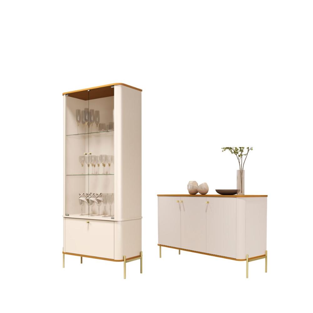 Conjunto Buffet e Cristaleira Lirio Off White Nature Dourado
