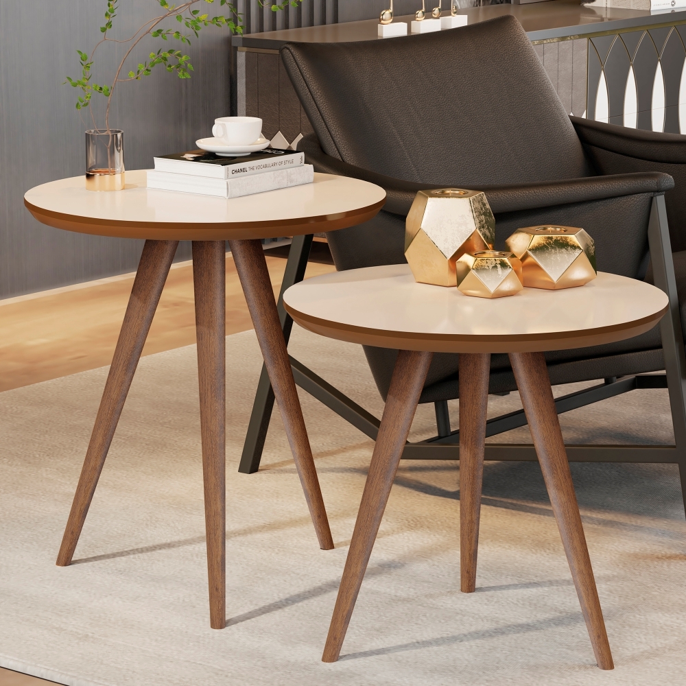 Conjunto Mesa Retrô Lateral e Apoio Sala de Estar Off White/Freijó