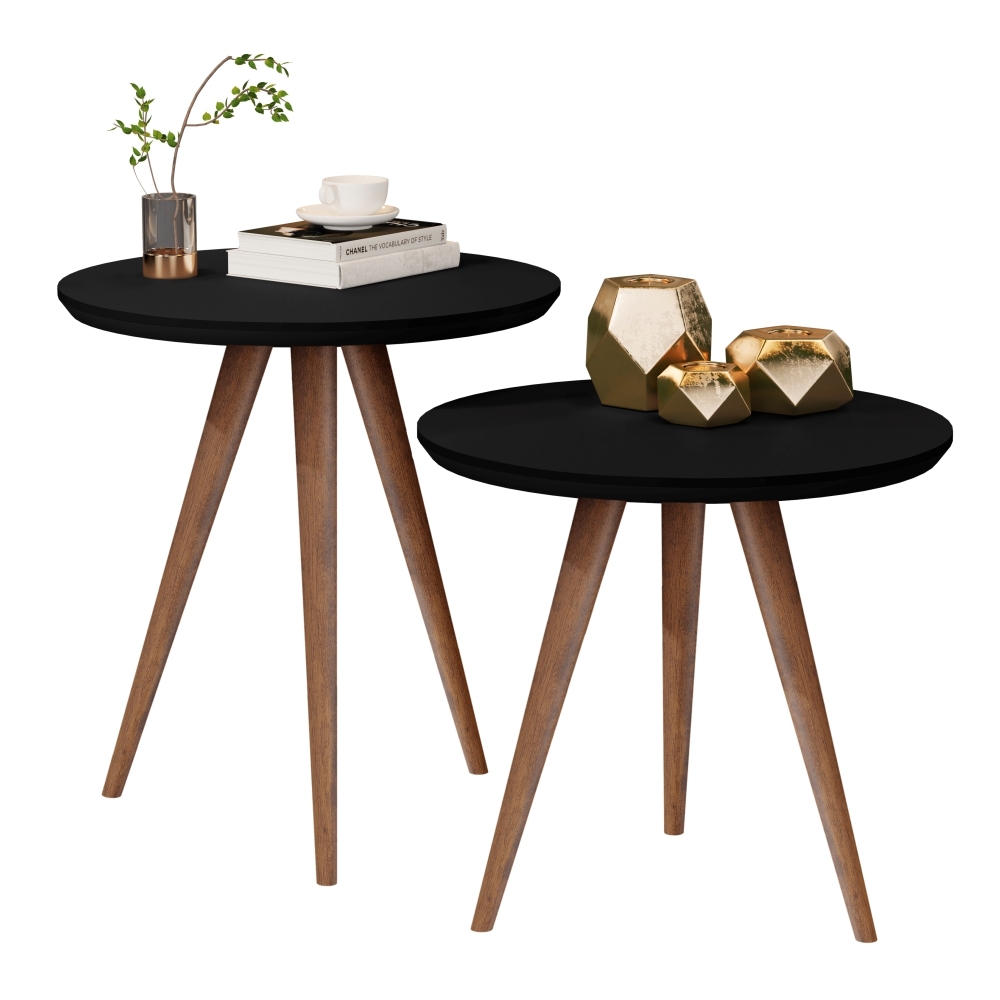 Conjunto Mesa Retrô Lateral e Apoio Sala de Estar Preto Fosco