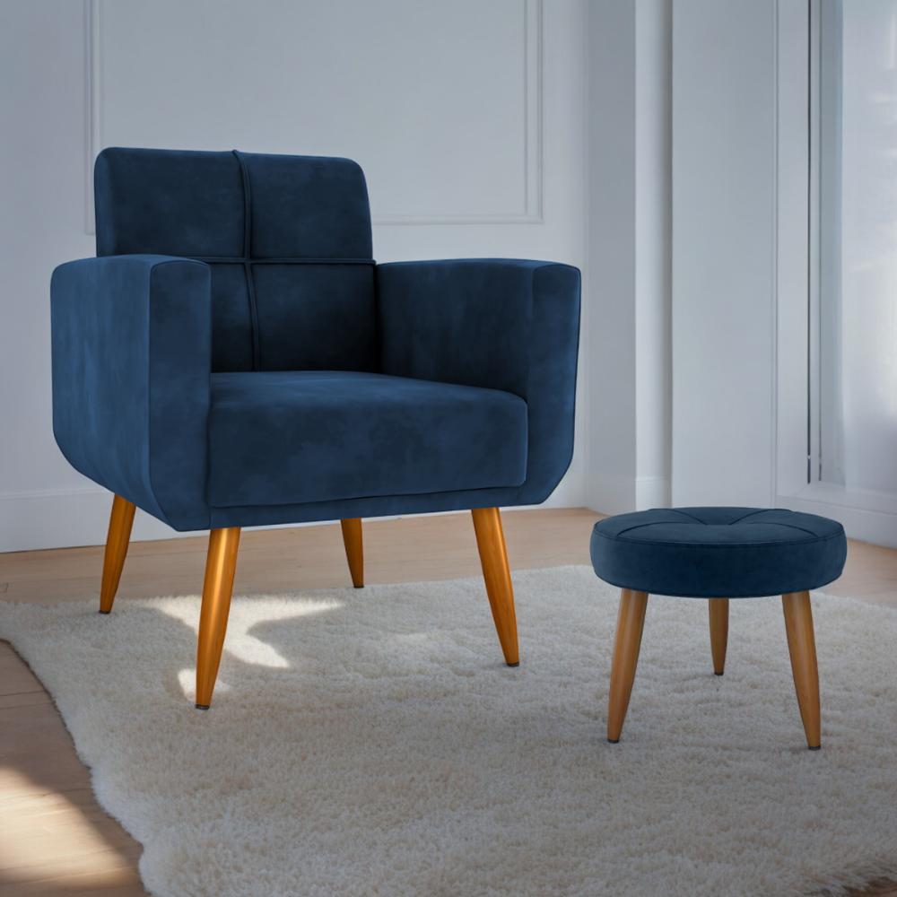 Conjunto de Poltrona e Puff Decorativos Miller Veludo Azul