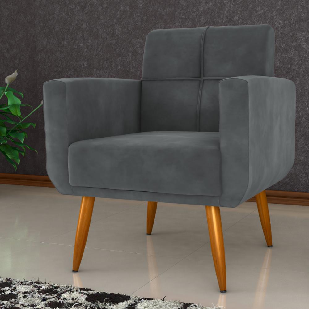 Conjunto de Poltrona e Puff Decorativos Miller Veludo Cinza