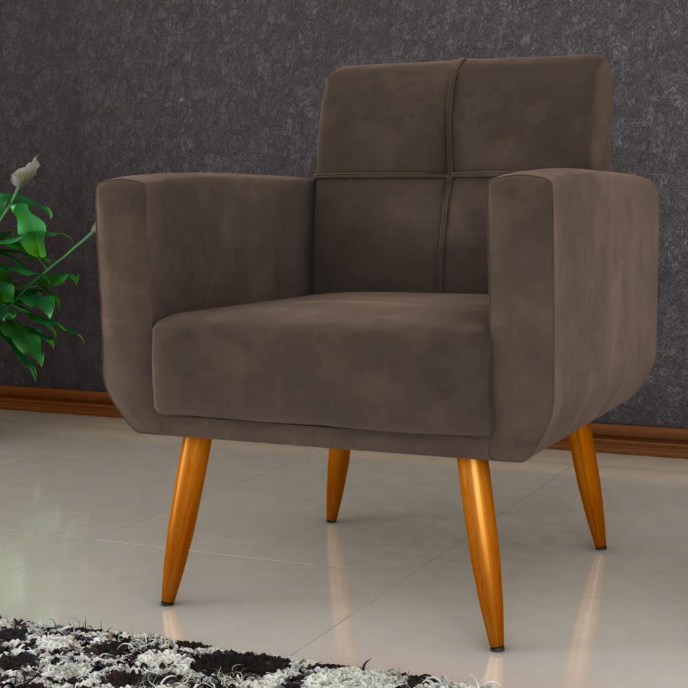 Conjunto de Poltrona e Puff Decorativos Miller Veludo Marrom