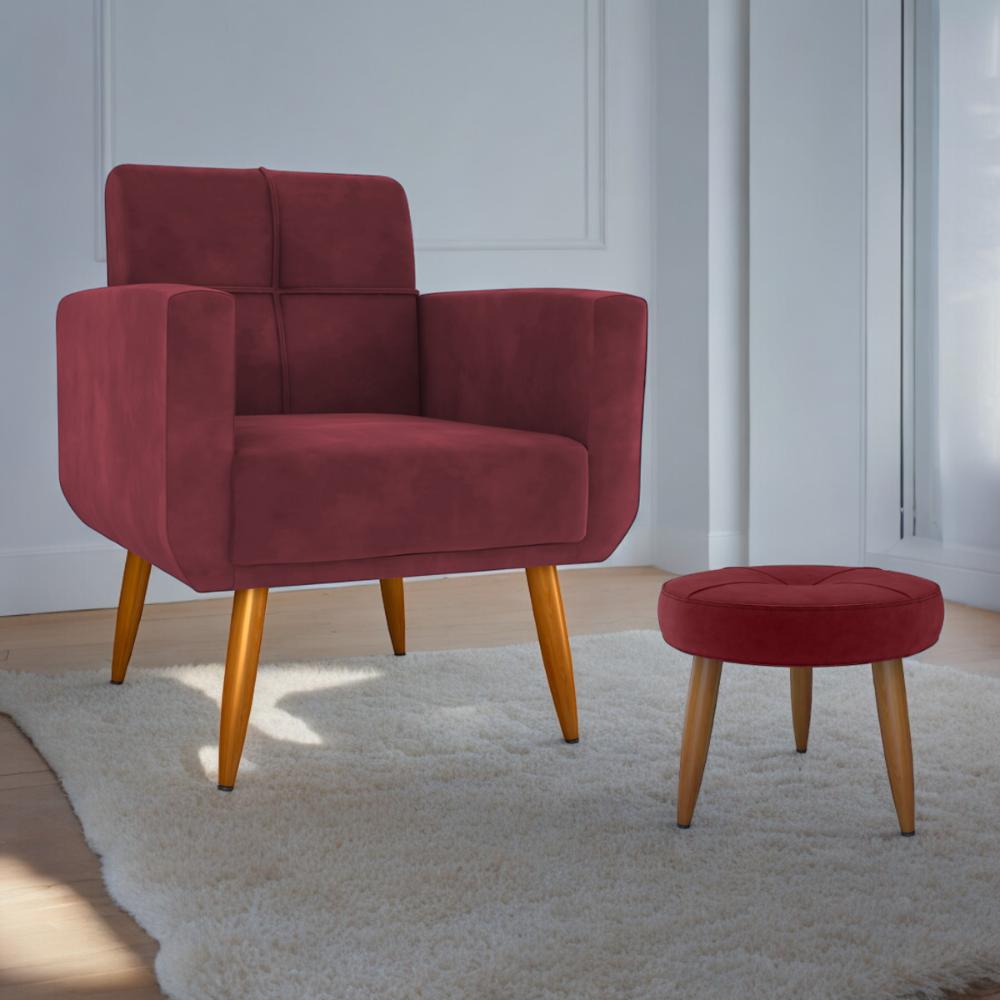 Conjunto de Poltrona e Puff Decorativos Miller Veludo Vinho