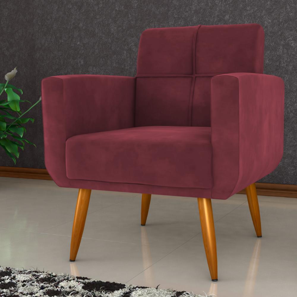 Conjunto de Poltrona e Puff Decorativos Miller Veludo Vinho