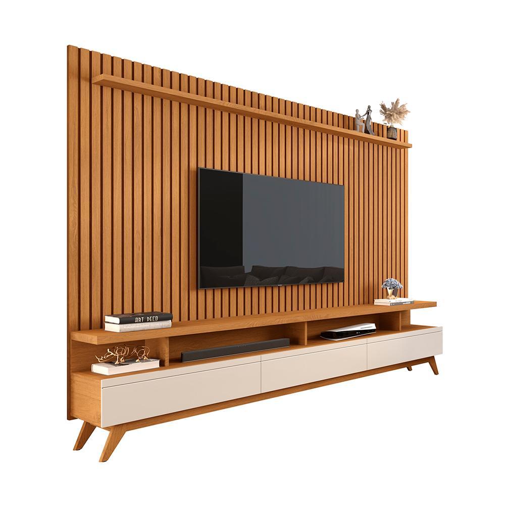 Conjunto de Sala Painel Ripado e Rack Roma Nature Off White  