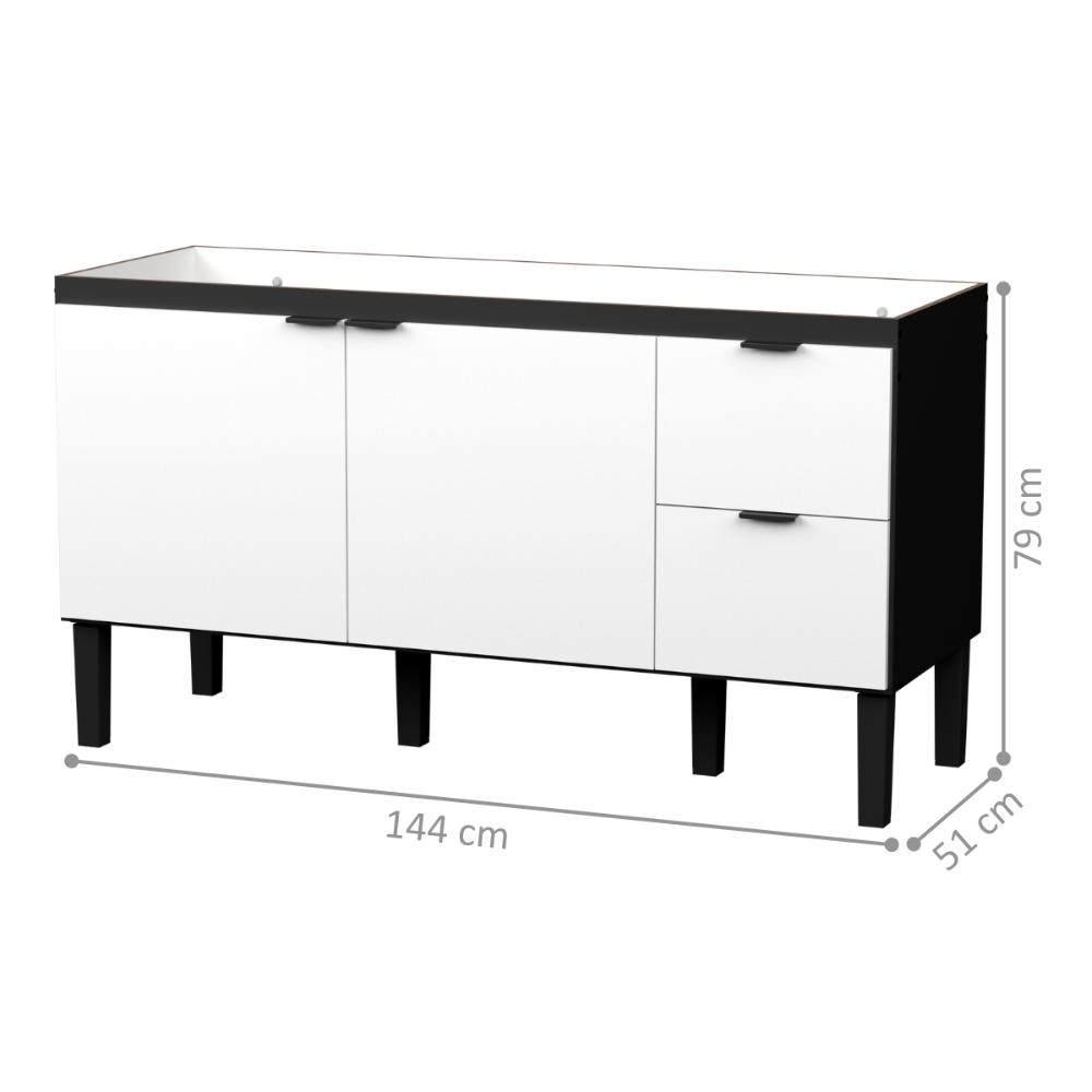 Gabinete de Cozinha para Pia 2 Gavetas Envira Preto Branco