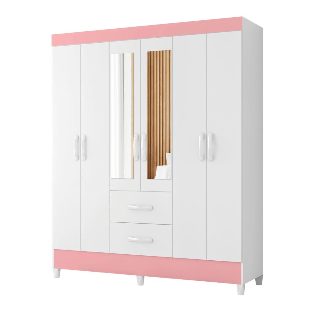 Guarda Roupa 6 Portas Roma Com Espelho Branco Rosa