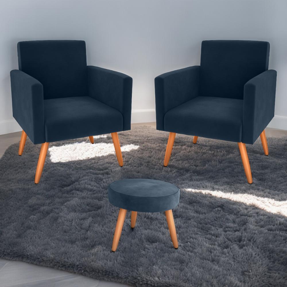 Jogo de Poltronas e Puff Austin Veludo Azul