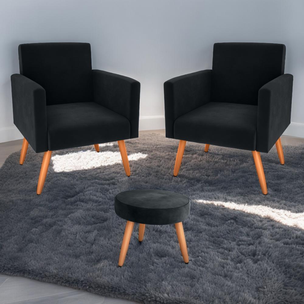 Jogo de Poltronas e Puff Austin Veludo Inca Preto
