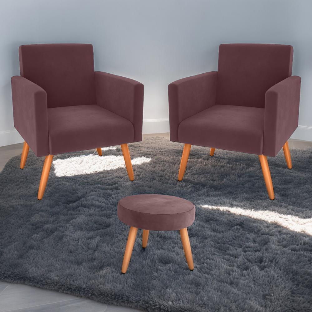 Jogo de Poltronas e Puff Austin Veludo Rose