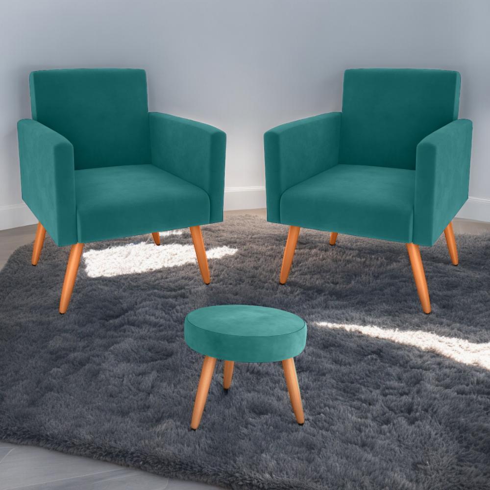 Jogo de Poltronas e Puff Austin Veludo Verde Menta