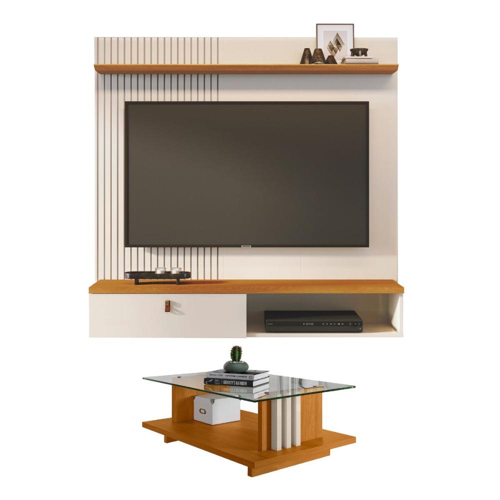 Kit Bancada Suspensa e Mesa Centro Praga Cinamomo Off White