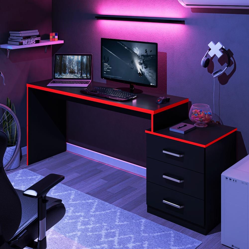 Mesa Gamer com 3 Gavetas Basileios Preto vermelho