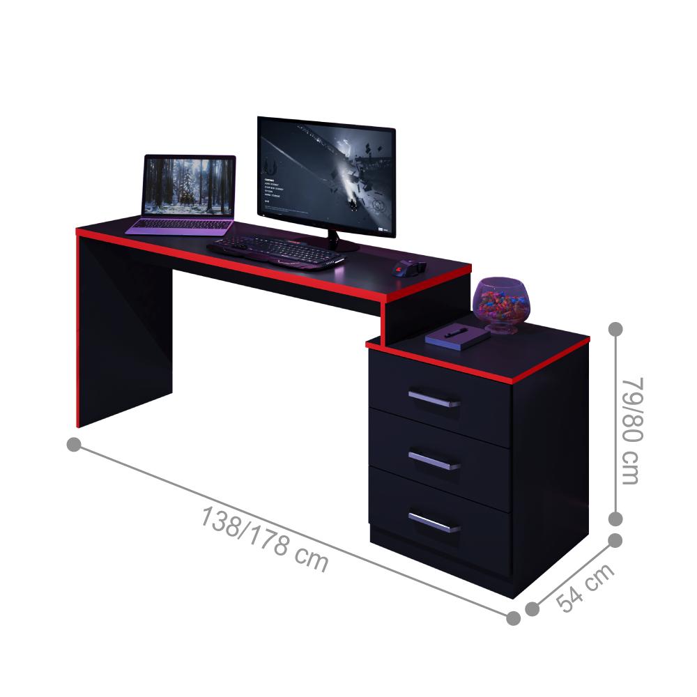Mesa Gamer com 3 Gavetas Basileios Preto vermelho