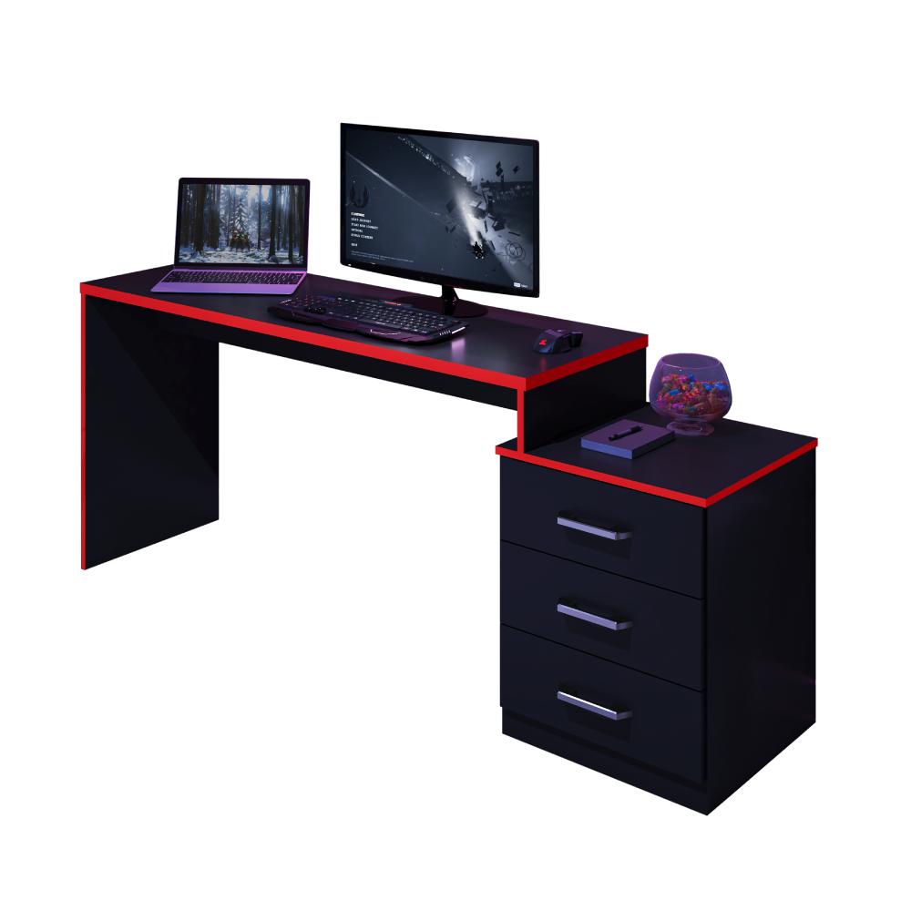 Mesa Gamer com 3 Gavetas Basileios Preto vermelho