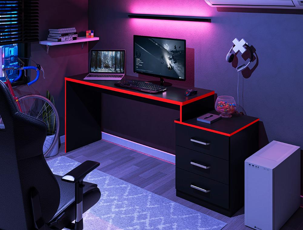 Mesa Gamer com 3 Gavetas Basileios Preto vermelho