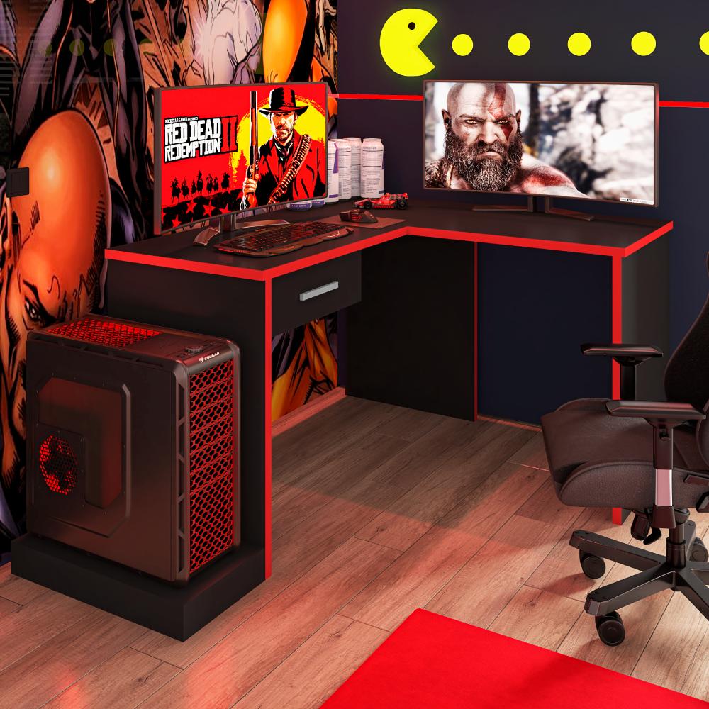 Mesa Gamer de Canto com Gaveta Wayra Preto Vermelho