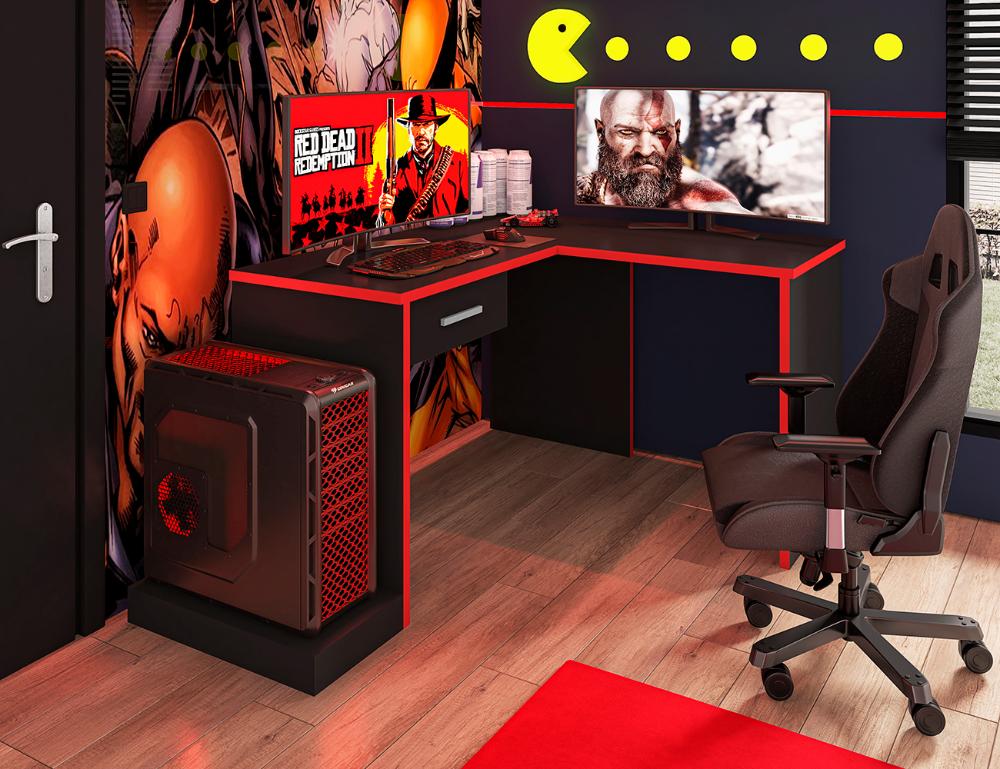 Mesa Gamer de Canto com Gaveta Wayra Preto Vermelho