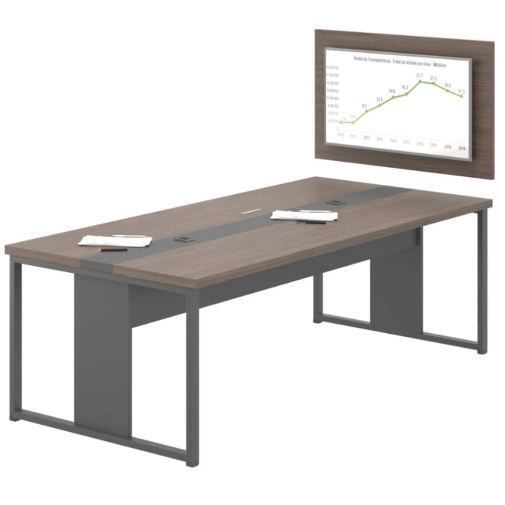 Mesa para Sala De Reunião Com Painel Para Tv - Freijó e Preto