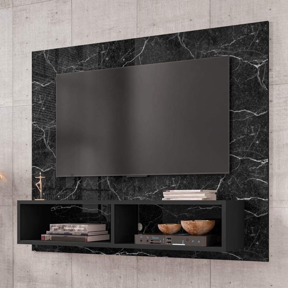 Painel para TV Ottawa com 2 Nichos Nero Efeito Marmorizado