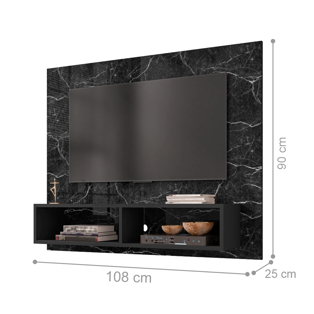 Painel para TV Ottawa com 2 Nichos Nero Efeito Marmorizado
