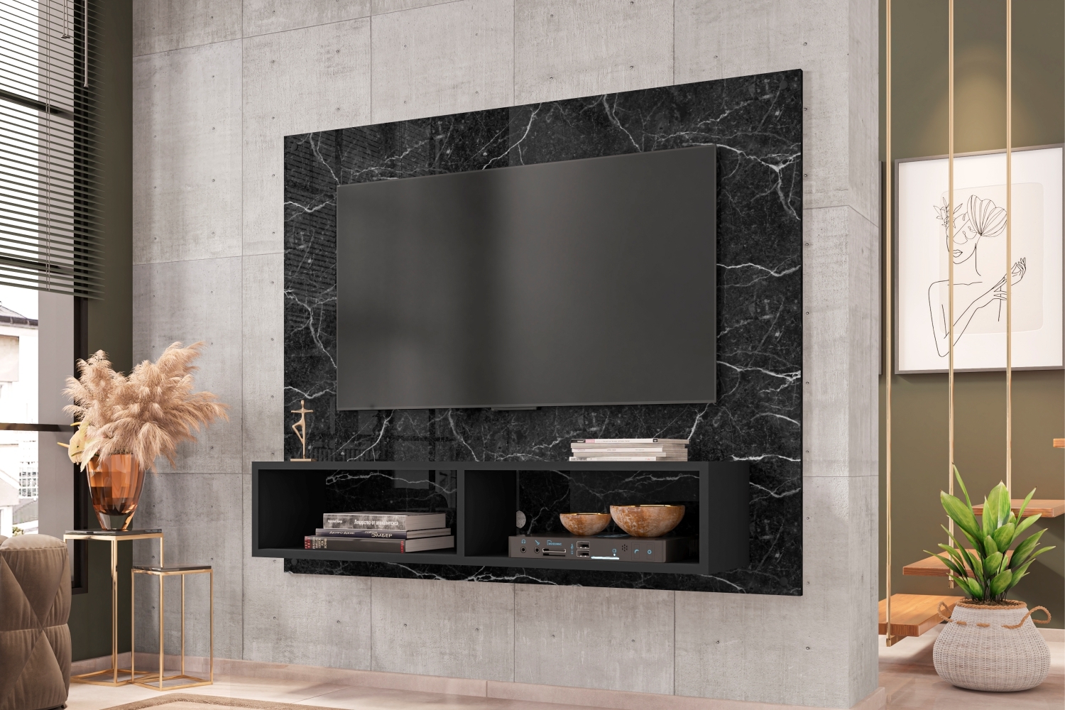 Painel para TV Ottawa com 2 Nichos Nero Efeito Marmorizado