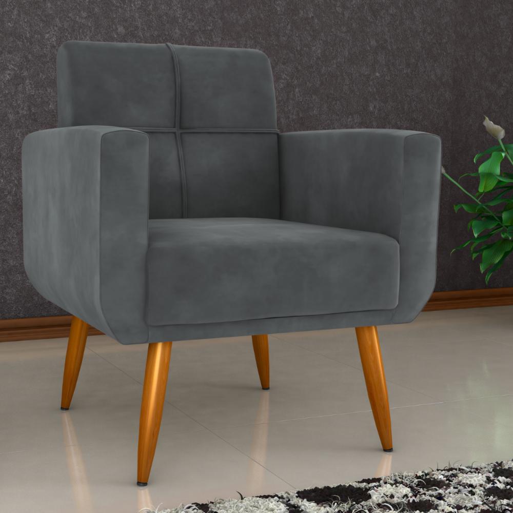 Poltrona Decorativa para Sala Lilian Veludo Cinza