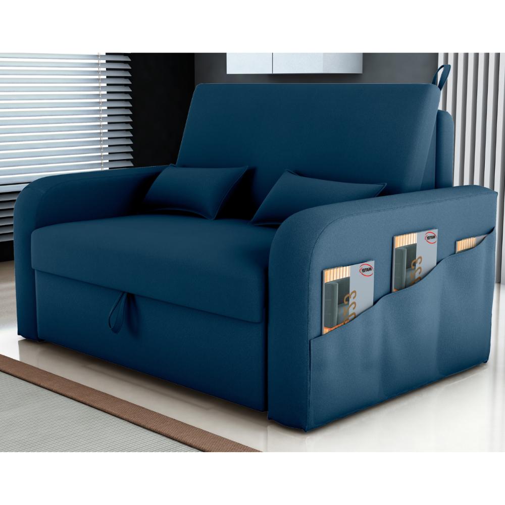 Sofá Cama 2 Lugares com Baú Hiram Veludo Azul