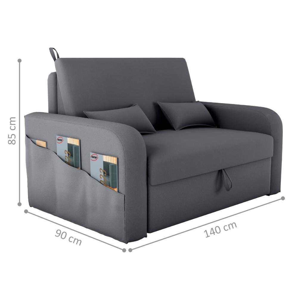Sofá Cama 2 Lugares com Baú Hiram Veludo Cinza