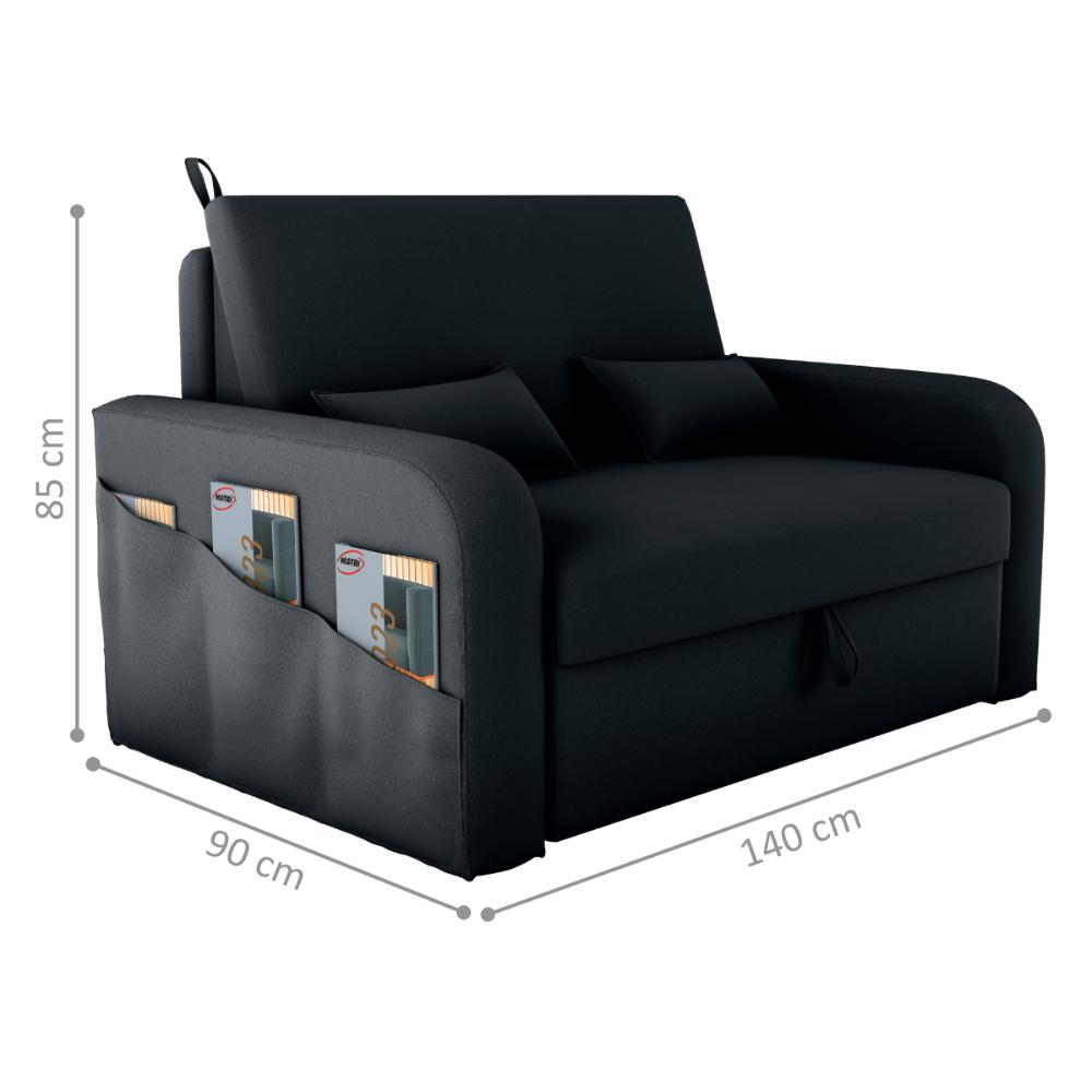 Sofá Cama 2 Lugares com Baú Hiram Veludo Inca Preto