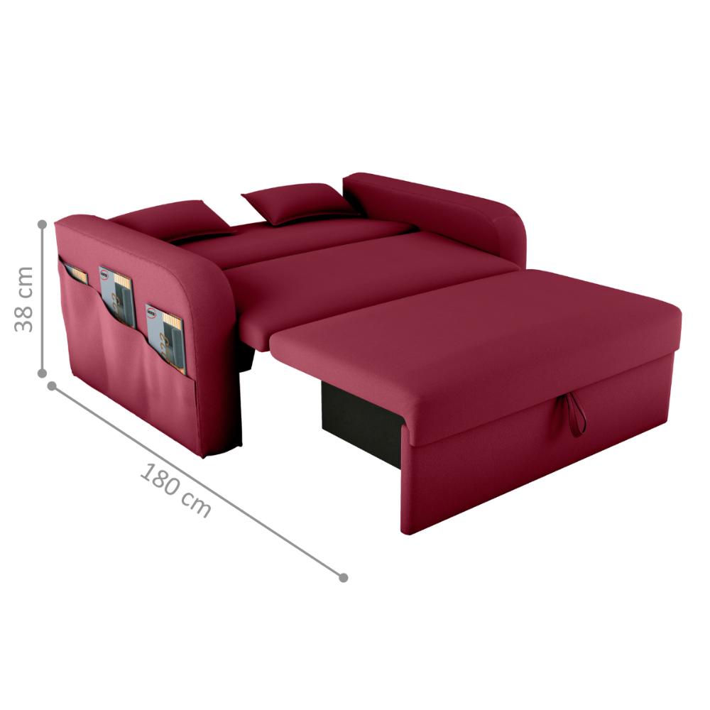 Sofá Cama 2 Lugares com Baú Hiram Veludo Vinho
