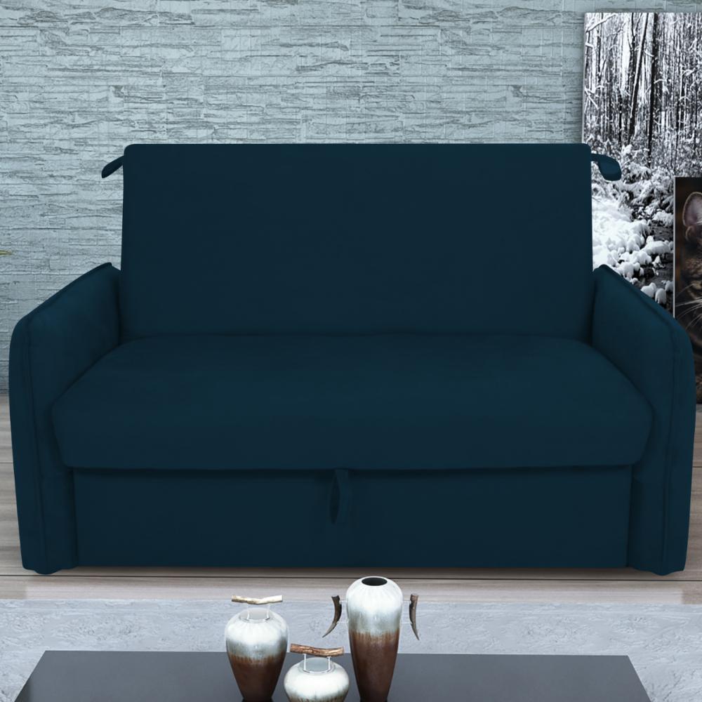 Sofá Cama com Baú 2 Lugares Ethan Suede Azul