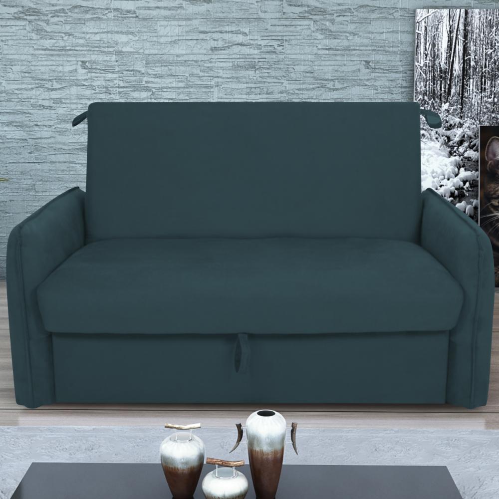 Sofá Cama com Baú 2 Lugares Ethan Suede Petróleo