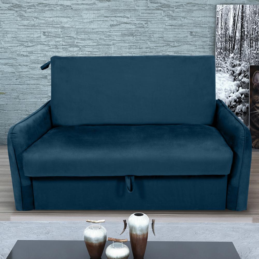 Sofá Cama com Baú 2 Lugares Ethan Veludo Azul
