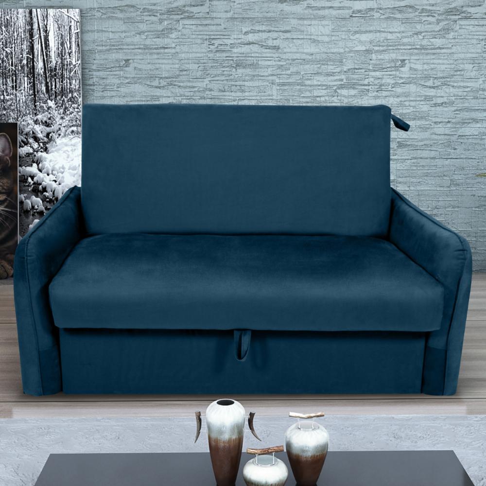 Sofá Cama com Baú 2 Lugares Furbogh Veludo Azul
