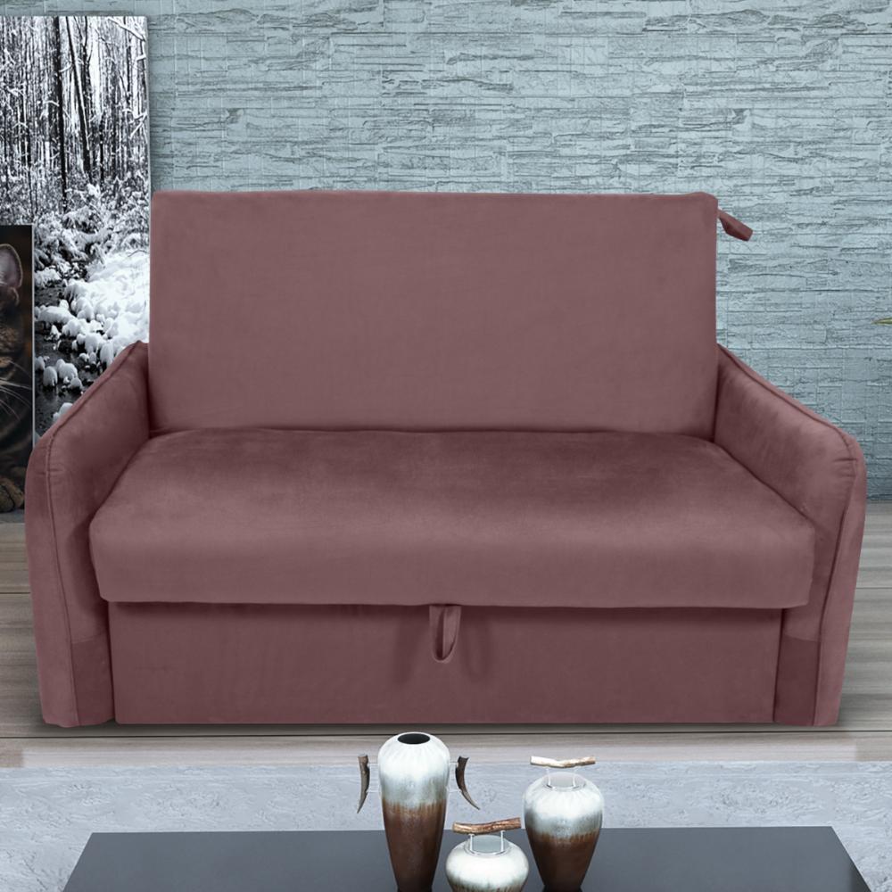 Sofá Cama com Baú 2 Lugares Furbogh Veludo Rosê