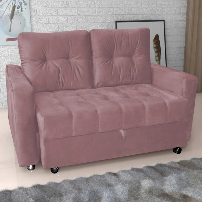 Sofá Cama para Sala de Estar Remy Veludo Turkey Rosa
