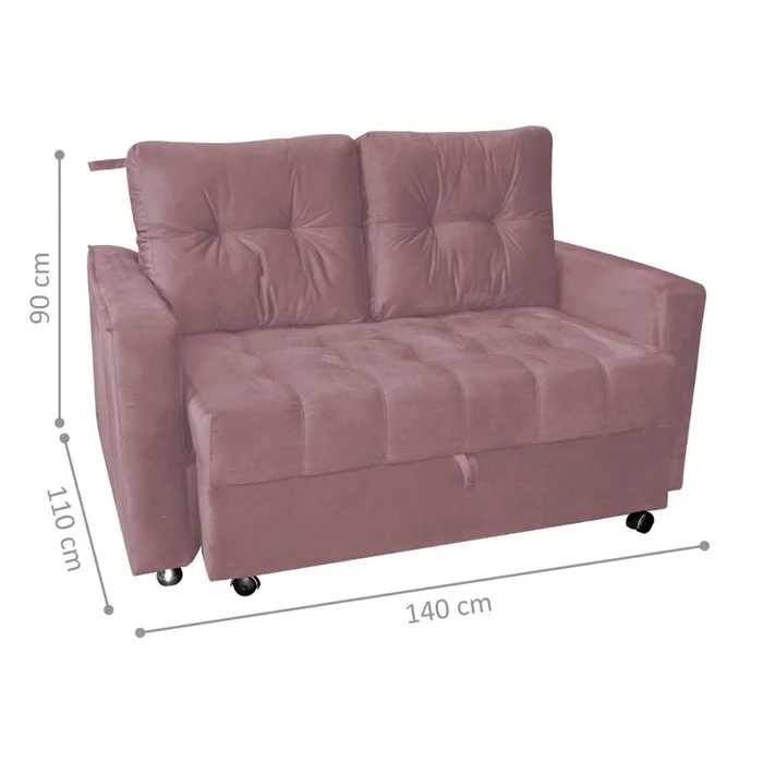 Sofá Cama para Sala de Estar Remy Veludo Turkey Rosa