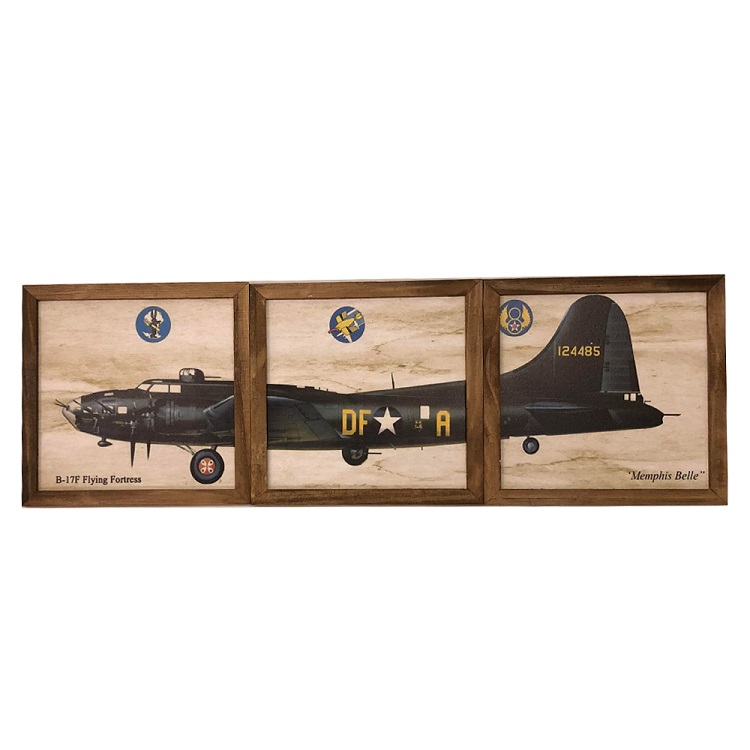 Kit Quadros Decorativo Quarto Sala 60x20Cm Avião BELL Madeira
