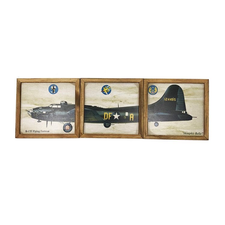 Kit Quadros Decorativo Quarto Sala 60x20Cm Avião HALI Madeira