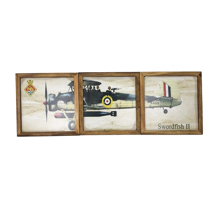 Kit Quadros Decorativo Quarto Sala 60x20Cm Avião SWOR Madeira