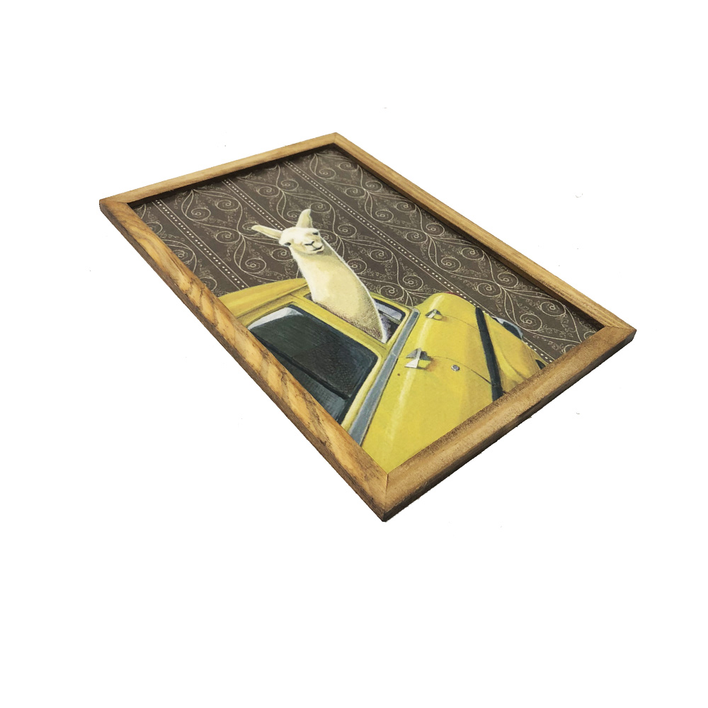 Quadro Decorativa Quarto Sala Lhama Táxi 30Cm Madeira Marrom