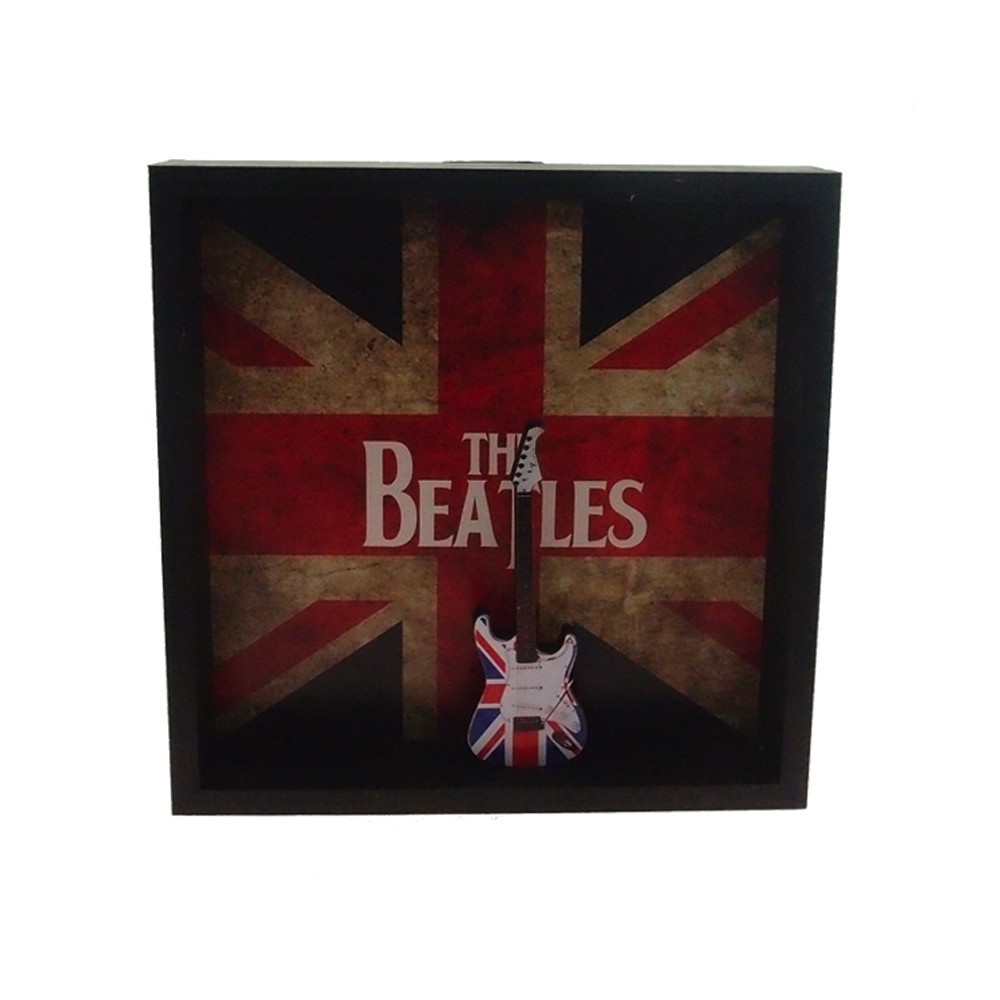 Quadro Decorativo Bandeira Uk 3D c/ Guitarra de Madeira