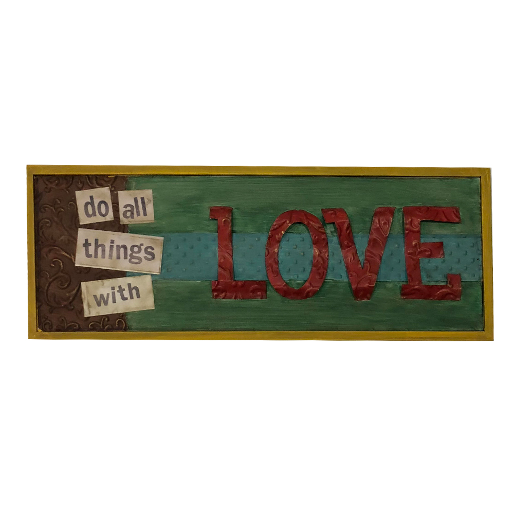 Quadro Metal Efeito Colagem Love Amarelo Quadrado 21x56x2cm