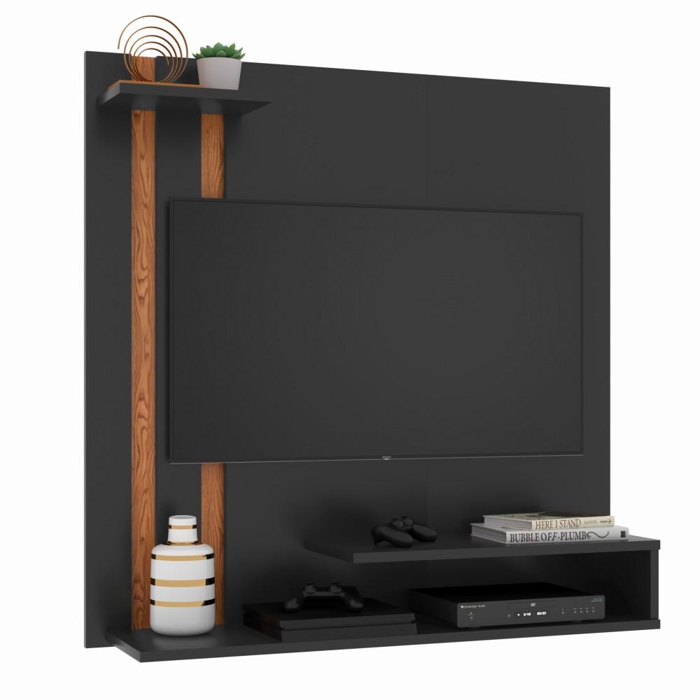 Painel Suspenso Para Tv Smart até 32 Polegadas Com Prateleira Organizadora Quarto Sala Pequena - Preto/ Nature - RPM