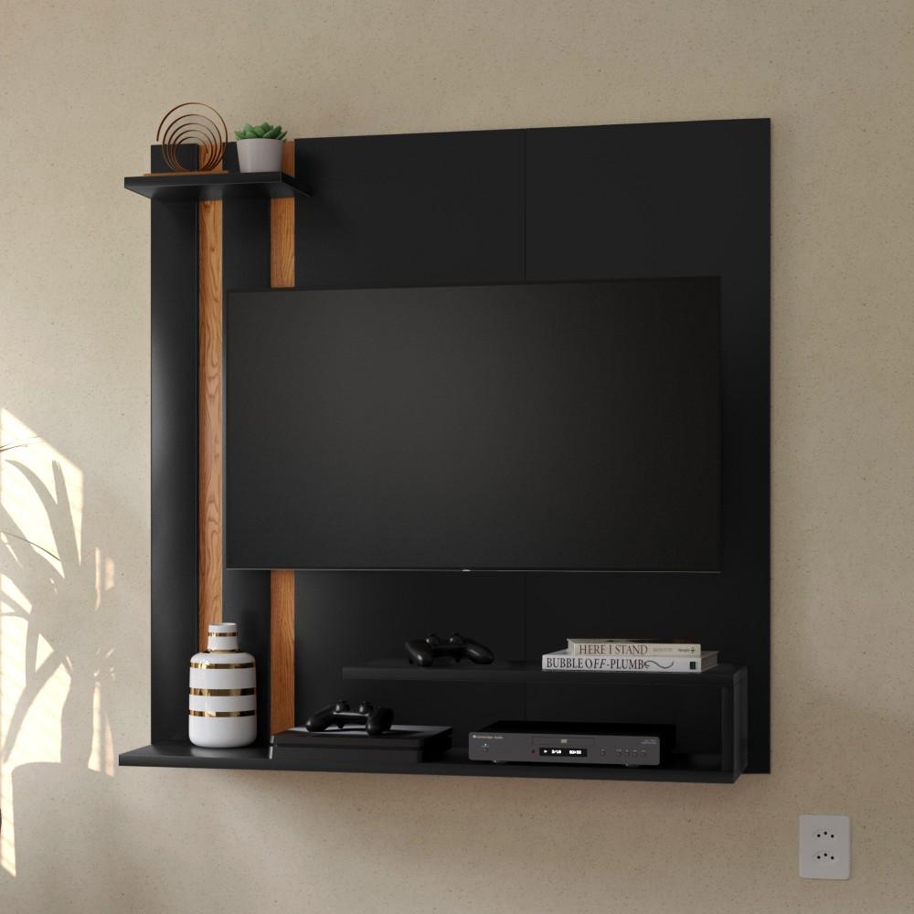 Painel Suspenso Para Tv Smart até 32 Polegadas Com Prateleira Organizadora Quarto Sala Pequena - Preto/ Nature - RPM