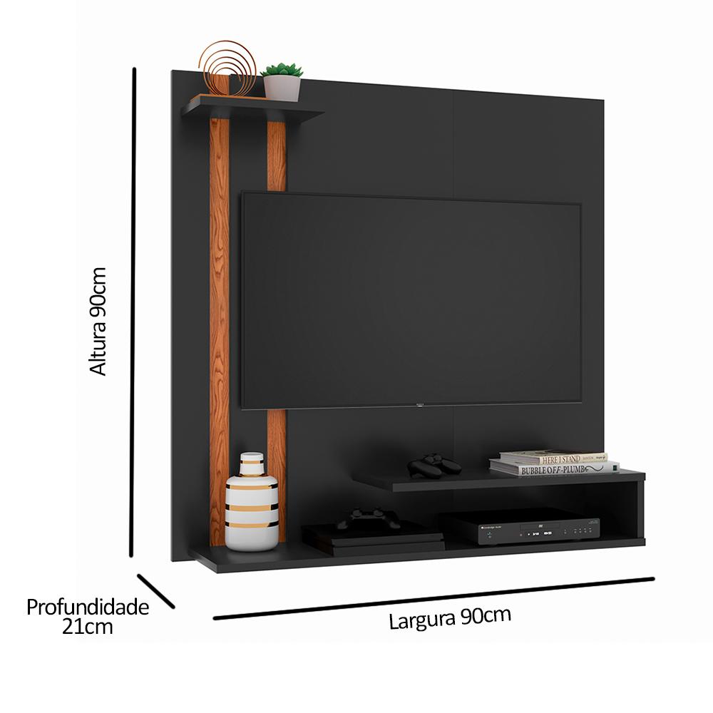 Painel Suspenso Para Tv Smart até 32 Polegadas Com Prateleira Organizadora Quarto Sala Pequena - Preto/ Nature - RPM