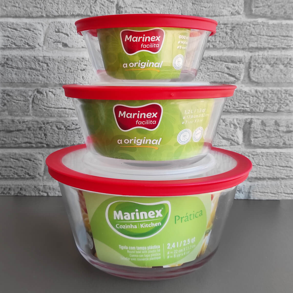 Conjunto 3 Potes de Vidro Redondo com Tampa Tigelas 600ml 1,2l 1,4l Marinex