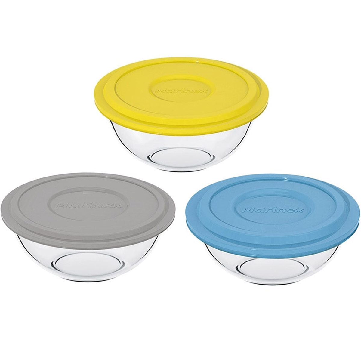 Kit 3 Potes De Vidro Redondos Plus Marinex 1,5L Com Tampas De Cores Sortidas Tigelas Bowl